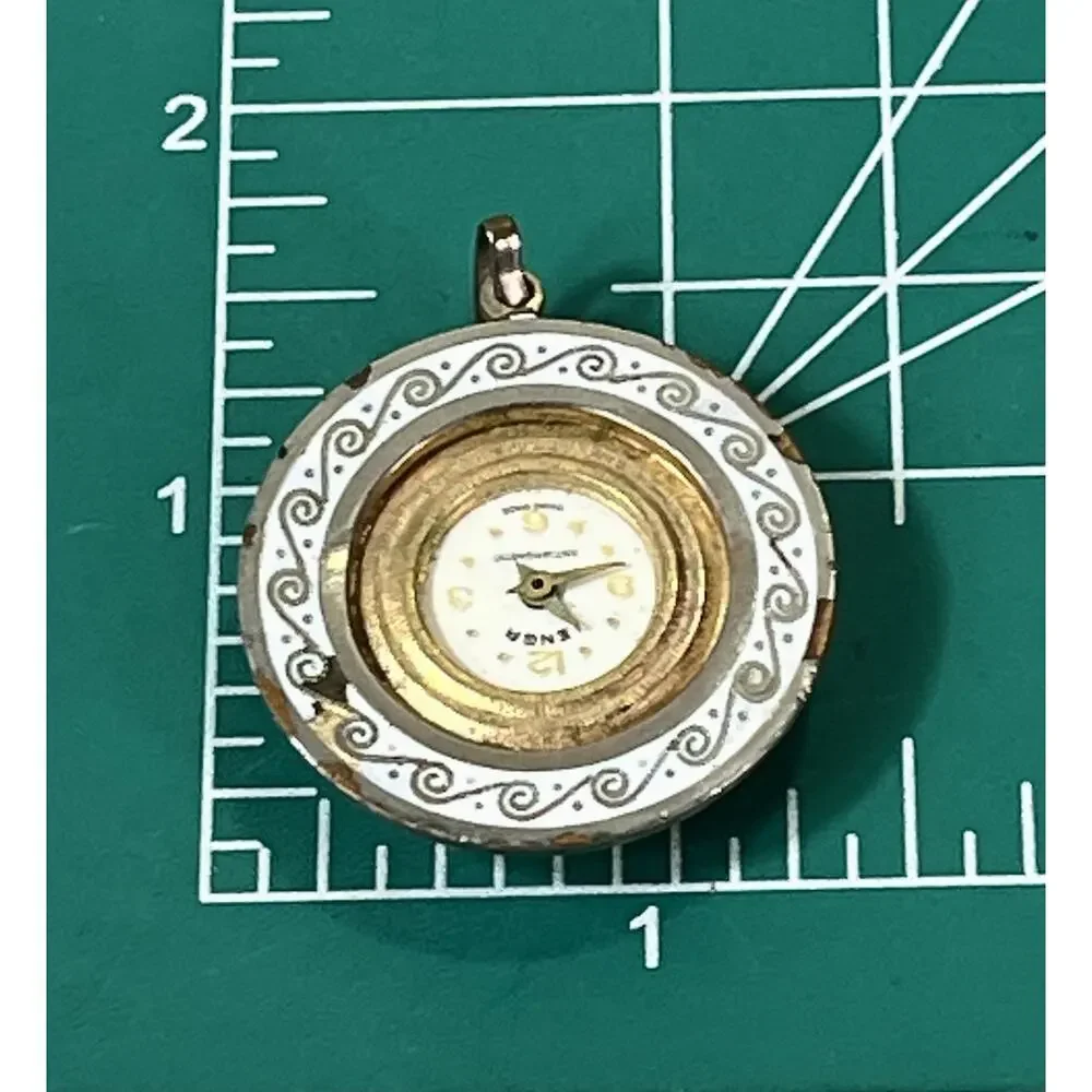 Vintage Ienga Swiss Made Pendant Watch White Enamel Gold Tone 15.7g